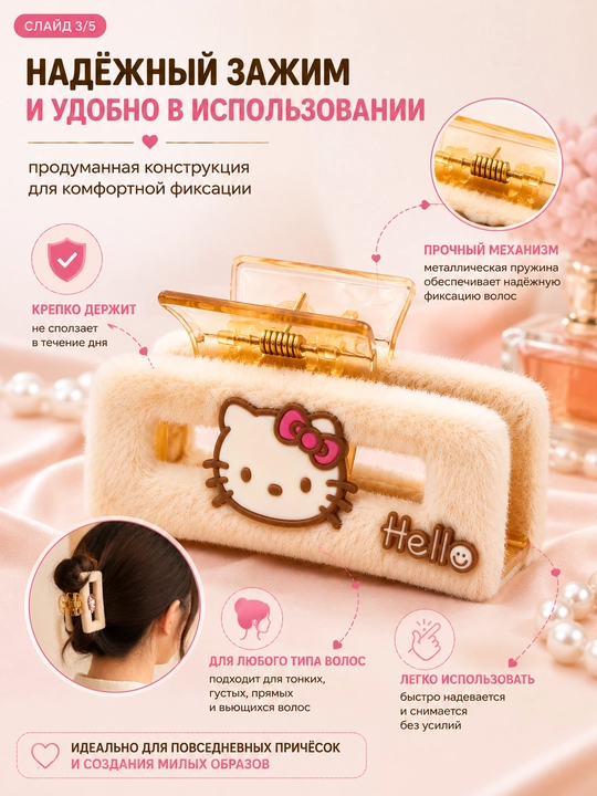 Qizlar uchun Hello Kitty dizaynli plyush soch qisqichi, pushti krabik