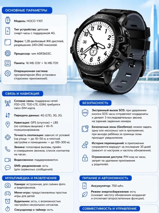 Смарт часы детские HOCO Y107 умные с сим картой 4G GPS,наручные для мальчиков и девочек