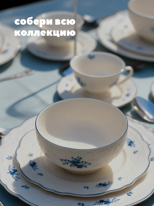 Коллекция Burchak Blue Flower, костяной фарфор, винтажный стиль, предметы поштучно