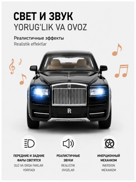 Игрушечный автомобиль Rolls Royce Cullinan металлическая светозвуковая, двери открываются 1:24