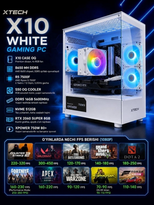 Игровой компьютер AMD Ryzen 5 7500F, RTX 2060 SUPER 8GB, DDR5 16GB, NVMe 512GB - 