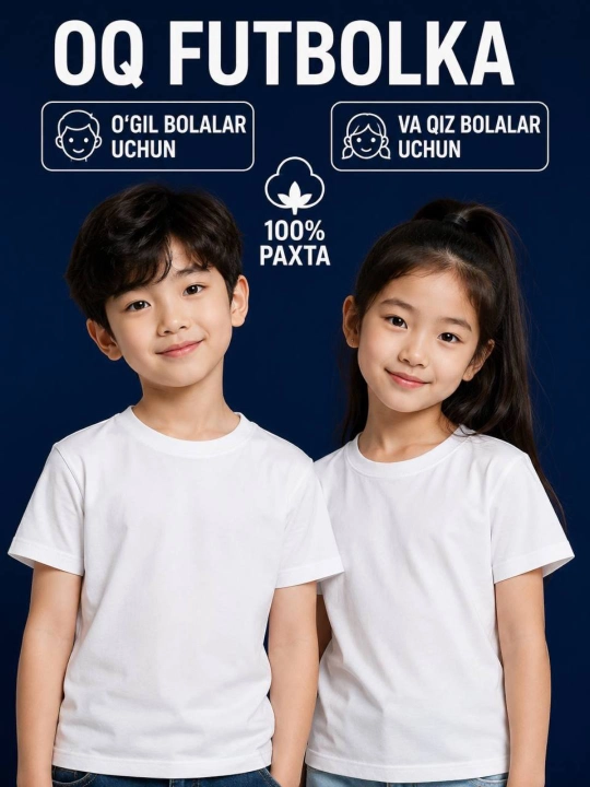O‘g‘il va qiz bolalar uchun oq futbolka - 