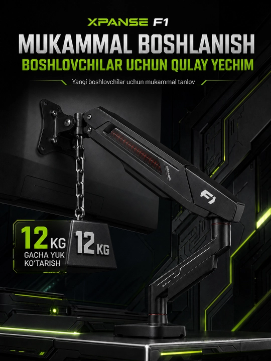 Monitor uchun gazliftli kronshteyn, sozlanadigan, 17–39", 12 kg gacha yuklama