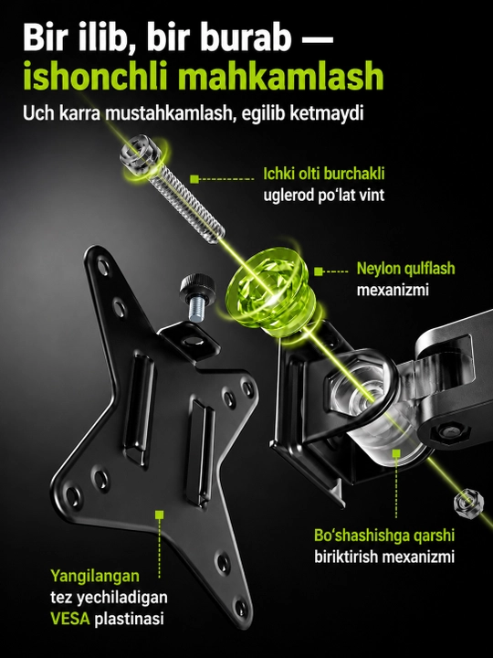 Monitor uchun gazliftli kronshteyn, sozlanadigan, 17–39", 12 kg gacha yuklama