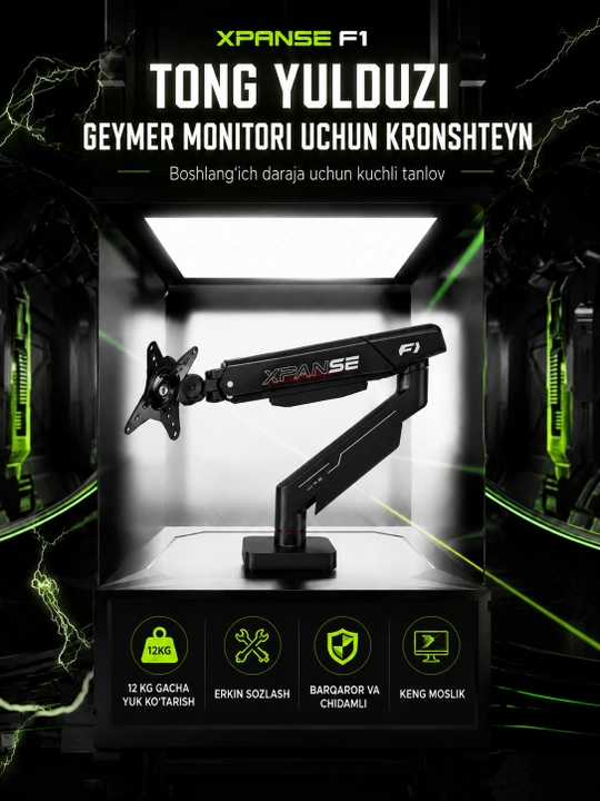Monitor uchun gazliftli kronshteyn, sozlanadigan, 17–39", 12 kg gacha yuklama