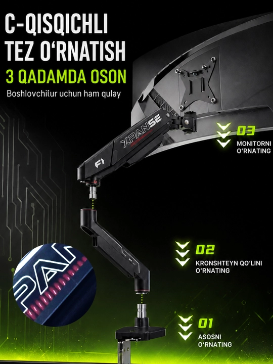 Monitor uchun gazliftli kronshteyn, sozlanadigan, 17–39", 12 kg gacha yuklama
