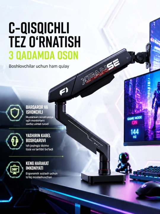 Monitor uchun gazliftli kronshteyn, sozlanadigan, 17–39", 12 kg gacha yuklama