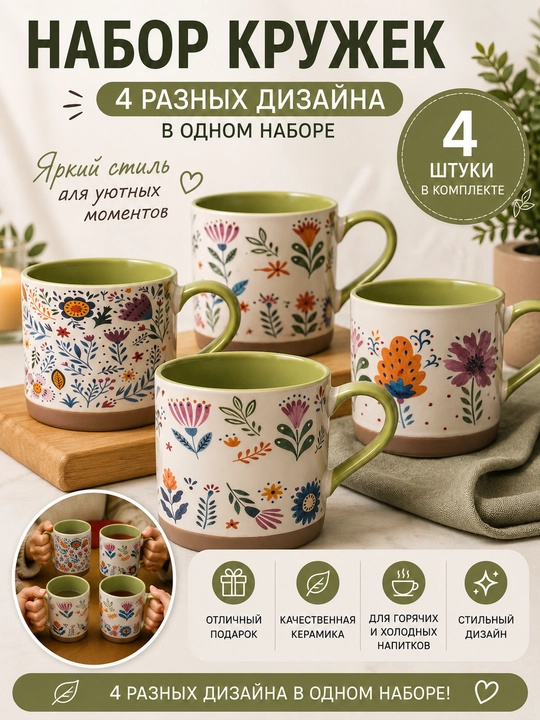 Набор керамических кружек с цветочным рисунком для чая и кофе, 4 шт