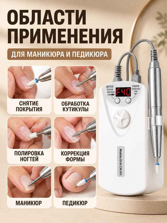 Фрезер для маникюра и педикюра 40000 оборотов в минуту, 12 насадок, USB