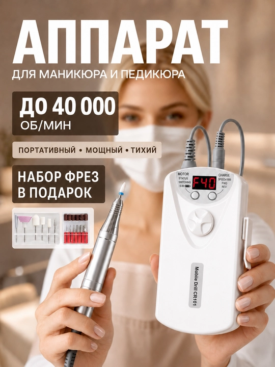 Daqiqasiga 40000 marta aylanadigan manikyur va pedikyur frezasi, 12 ta nasadka, USB - 