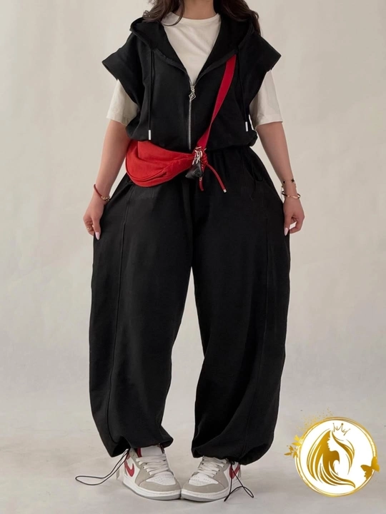 Ayollar uchun oversize sport kostyum (hoodie jilet + shim), Razmer 46–50, Casual Premium