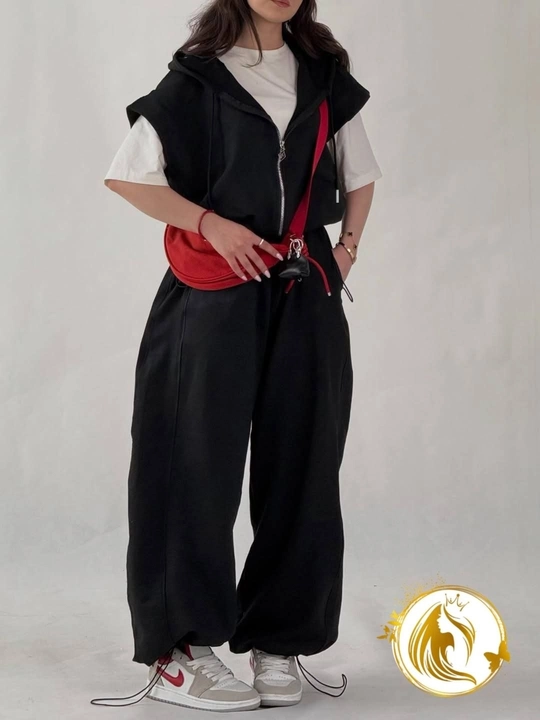 Ayollar uchun oversize sport kostyum (hoodie jilet + shim), Razmer 46–50, Casual Premium