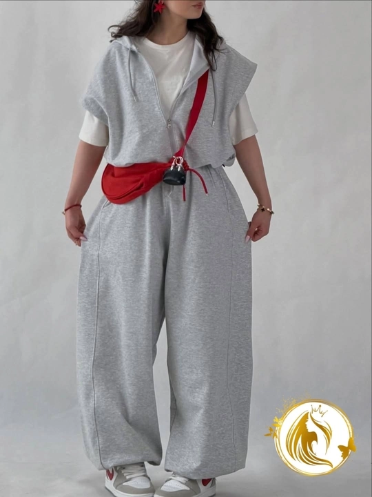 Ayollar uchun oversize sport kostyum (hoodie jilet + shim), Razmer 46–50, Casual Premium