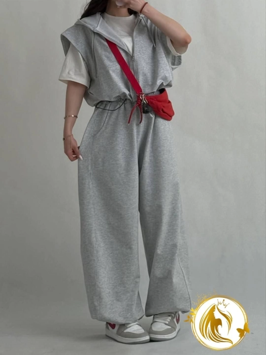 Ayollar uchun oversize sport kostyum (hoodie jilet + shim), Razmer 46–50, Casual Premium
