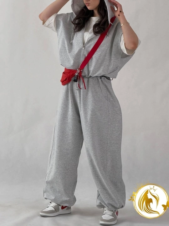 Ayollar uchun oversize sport kostyum (hoodie jilet + shim), Razmer 46–50, Casual Premium