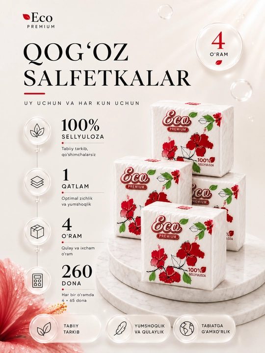Eco Premium qog‘oz salfetkalar, 4 quti, 260 varaq - 