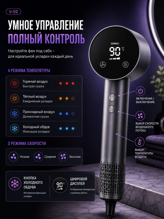 Фен для волос Velziner V-02 с ионизацией, LED-дисплеем, 4 температуры, 3 скорости