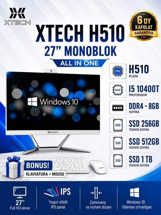 Xtech 27 H510 intel Core i5-10400T monobloki, 8 GB DDR4, 256 GB SSD, klaviatura va sichqoncha - 