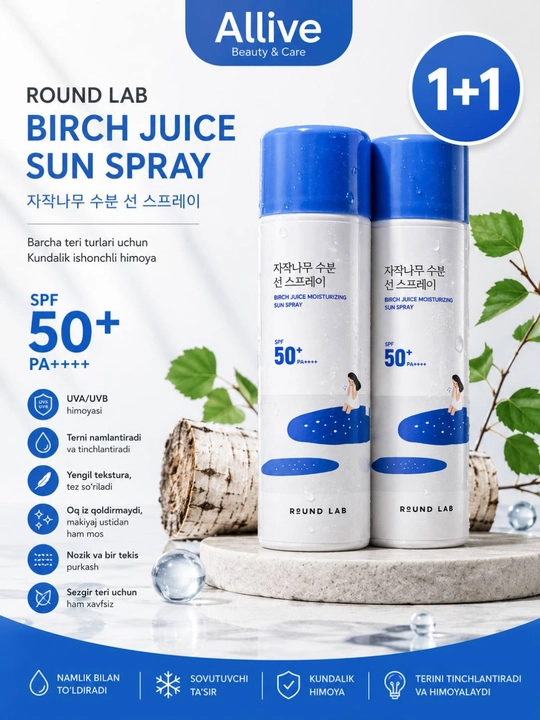 SPF sprey, quyosh spreyi, SPF50, yuz va tana SPF, Round Lab, namlovchi SPF sprey