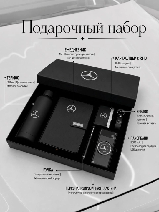 Подарочный набор MERS для мужчин и женщин: блокнот, ручка, powerbank, термос, брелок - 