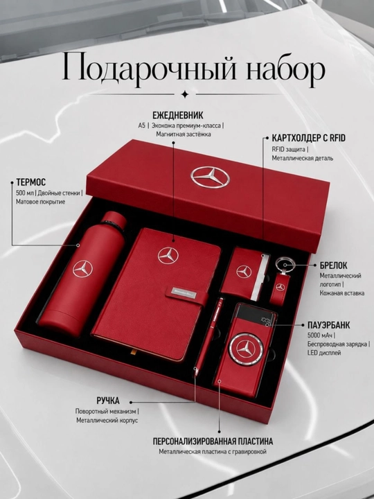 Подарочный набор MERS для мужчин и женщин: блокнот, ручка, powerbank, термос, брелок - 