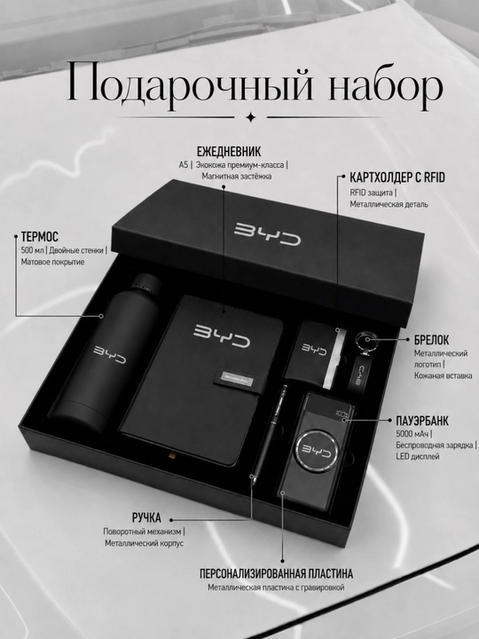 Подарочный набор BYD для мужчин и женщин: блокнот, ручка, powerbank, термос, брелок - 