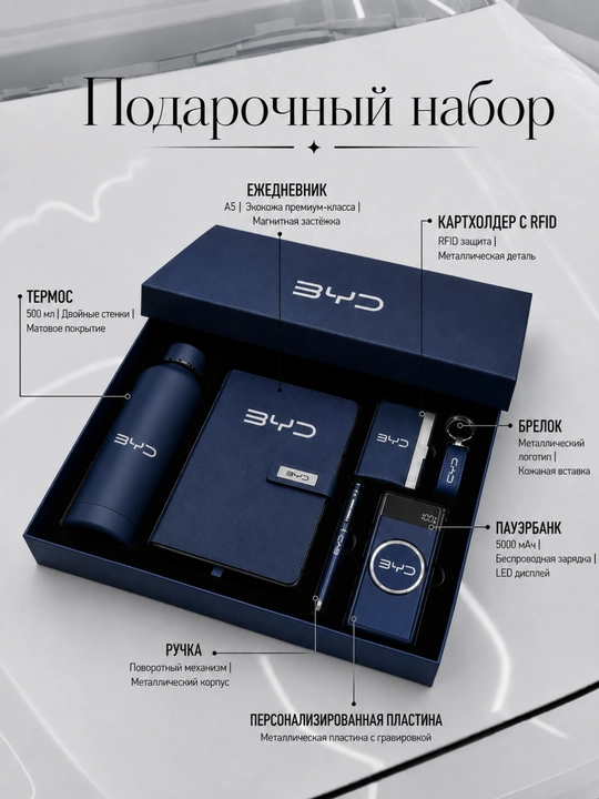 Подарочный набор BYD для мужчин и женщин: блокнот, ручка, powerbank, термос, брелок - 