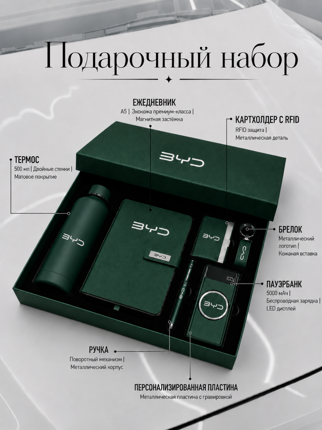 Подарочный набор BYD для мужчин и женщин: блокнот, ручка, powerbank, термос, брелок - 