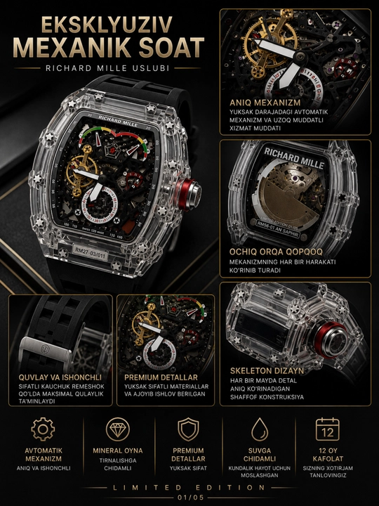 Erkaklar qo'l soati Richard Mille, avtomatik skeleton mexanizm, premium dizayn