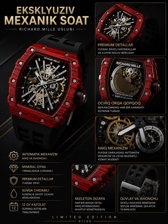 Erkaklar qo'l soati Richard Mille, avtomatik skeleton mexanizm, premium dizayn