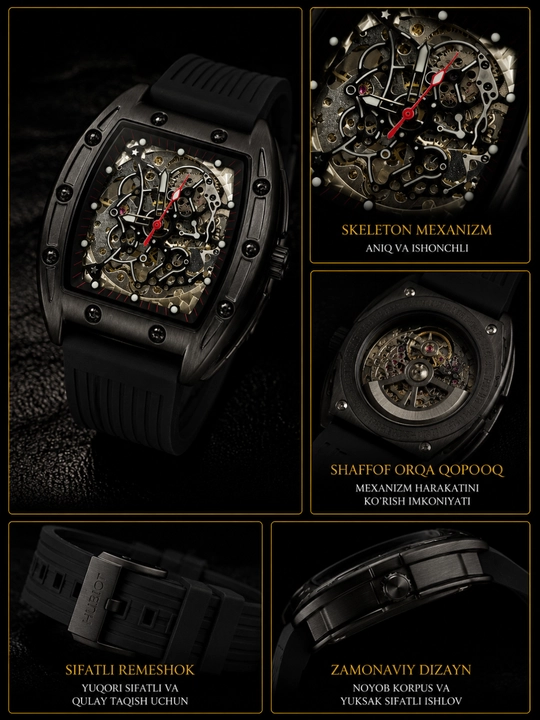 Erkaklar qo'l soati Richard Mille, avtomatik skeleton mexanizm, premium dizayn