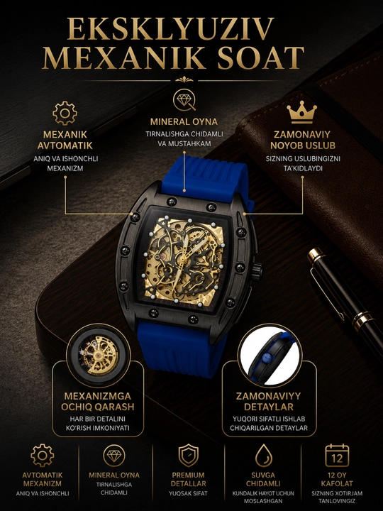 Erkaklar qo'l soati Richard Mille, avtomatik skeleton mexanizm, premium dizayn - 