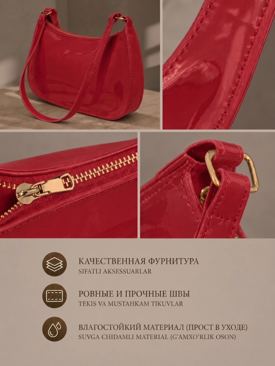 Ayollar laklangan eko-charmdan tikilgan yelkaga osiladigan baget sumkasi