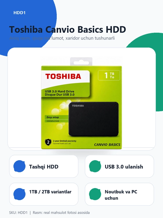 Toshiba Canvio Basics tashqi HDD, 320GB/500GB/1TB/2TB, USB 3.0