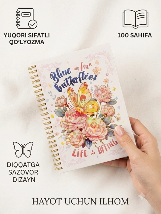 Gullar va kapalaklar tasvirlangan estetik spiralsimon daftar, sovg‘a, o‘quv qurollari - 