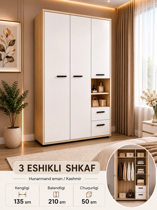 NADIR Premium 3 Eshikli Shkaf, 2 Bo‘linmali, 2 Tortmali - 