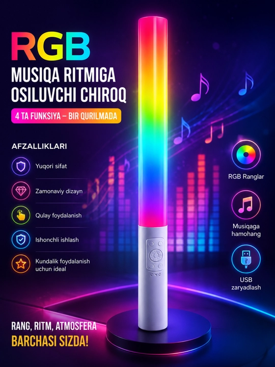 MJ-25 RGB Light Stick – Musiqaga hamohang LED yorug‘lik tayoqchasi, USB zaryadlanadi - 
