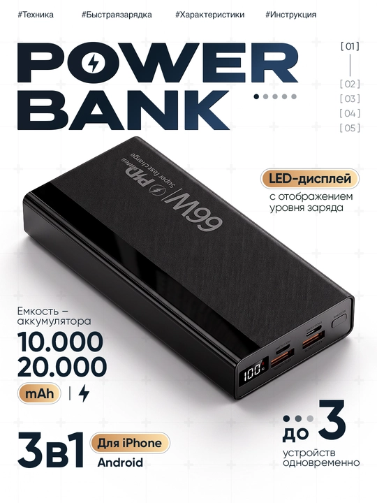 Внешний аккумулятор Power Bank, 10000, 20000, повербанк для iphone, android 3 в 1 - 
