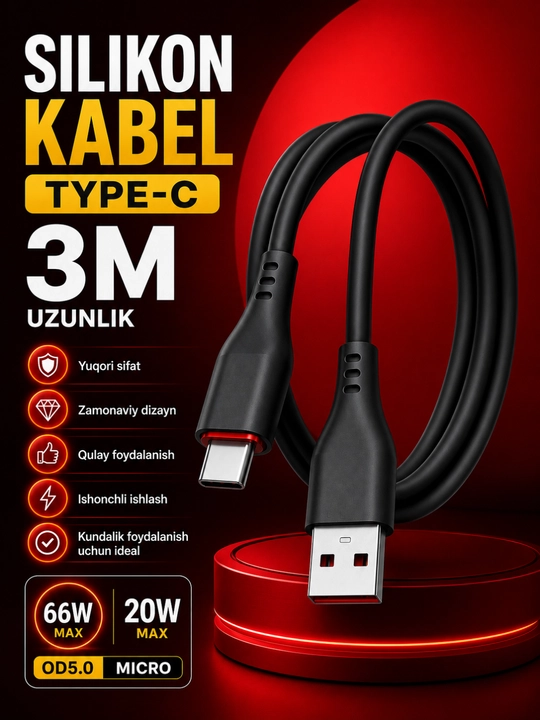 Inomitu Micro USB kabel 66W 3 metr -tez quvvatlash va ma’lumot uzatish uchun silikon kabel - 