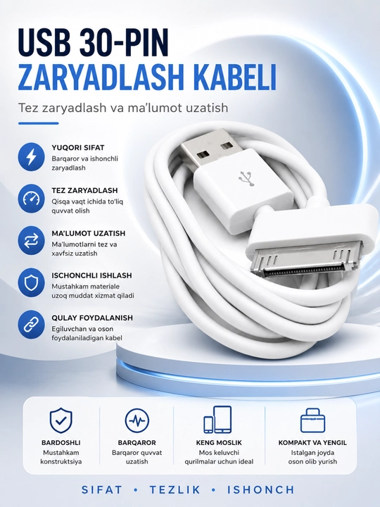 IPhone 4 uchun zaryadlash kabeli USB tez zaryad va ma’lumot uzatish - 