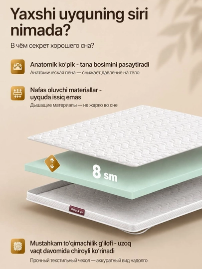 Матрас-топпер 8 см, Sleep & Go Comfort Lite, анатомическая пена, для матраса и дивана