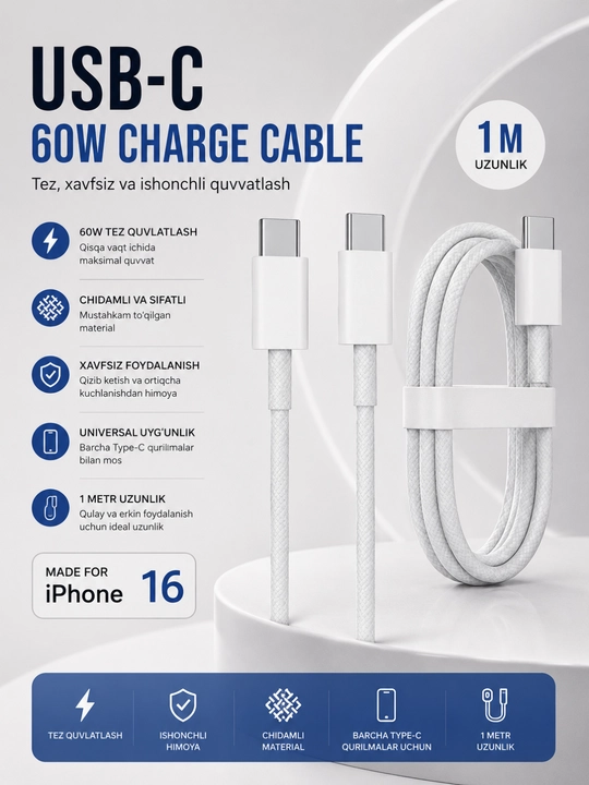 USB-C 60W tezkor zaryadlovchi kabel (1 metr) - 