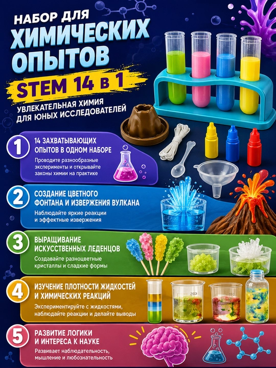 STEM kimyo tajribalar to'plami 14 ta: probirkalar, kolbalar, bolalar uchun 6+