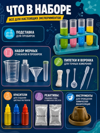 STEM kimyo tajribalar to'plami 14 ta: probirkalar, kolbalar, bolalar uchun 6+