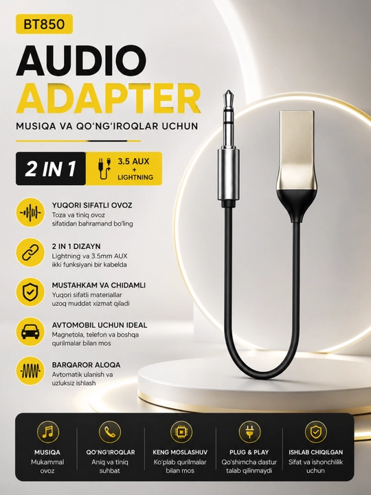 Avtomobil va uy audio tizimi uchun BT850 Bluetooth AUX 3.5 mm audio adapteri - 