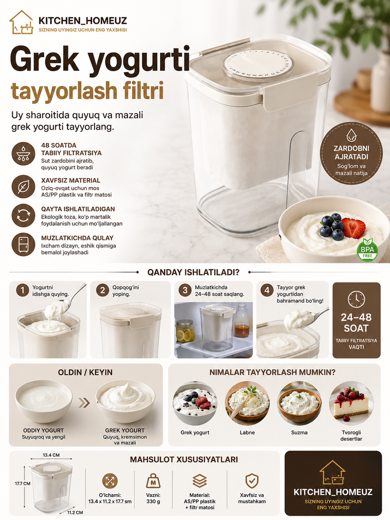 Grek yogurt tayyorlash filtri