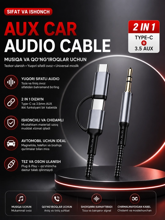 Hi-Fi ovozi va ishonchli ulanishga ega 3,5 mm dan C toifasiga 2 ta 1 da avtomobil uchun AUX kabeli - 