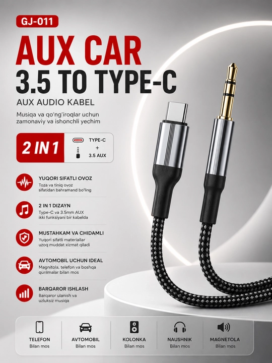 Avtomobil uchun USB Type-C - AUX 3.5 mm kabeli Hi-Fi stereo audio kabeli - 