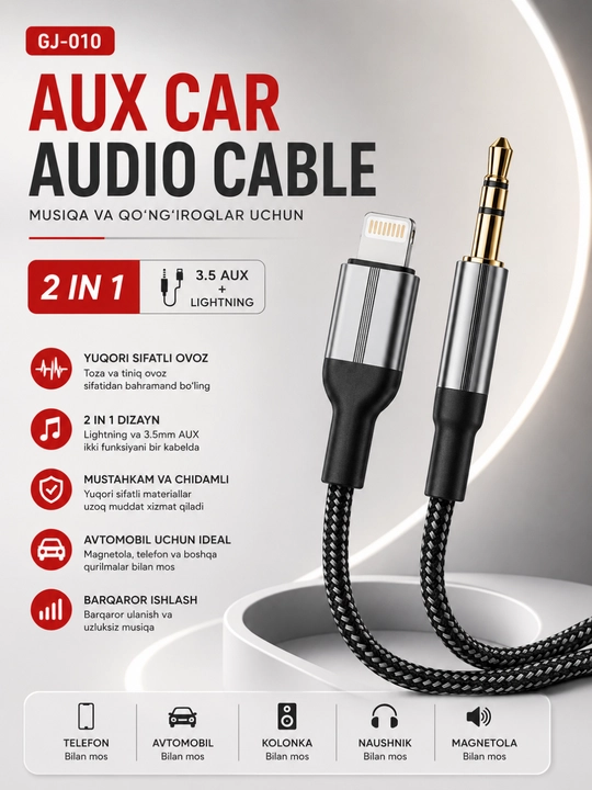 Lightning to 3.5 mm AUX audio kabeli iPhone uchun avtomobil audio ulanish kabeli - 