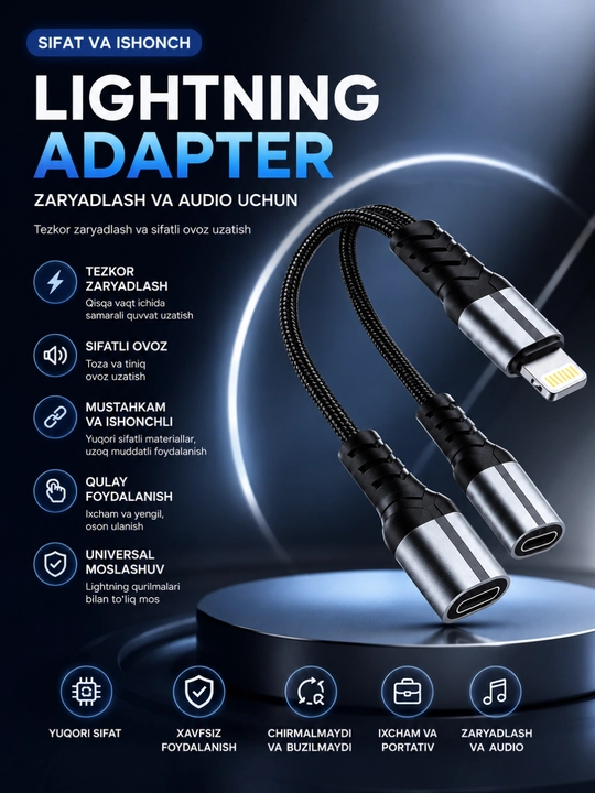 Lightning 2-in-1 audio va zaryadlash adapteri – musiqa tinglash va tezkor quvvatlash - 